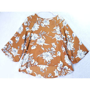 Crescent Blouse Top Womens Small Mustard Floral Polyester Long Sleeve Round Neck